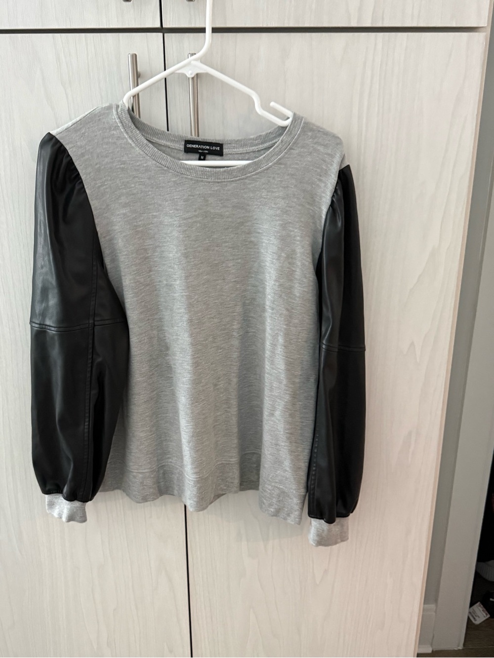 Generation Love Women’s Light Gray Crewneck Sweater w Black Faux Leather Sleeves